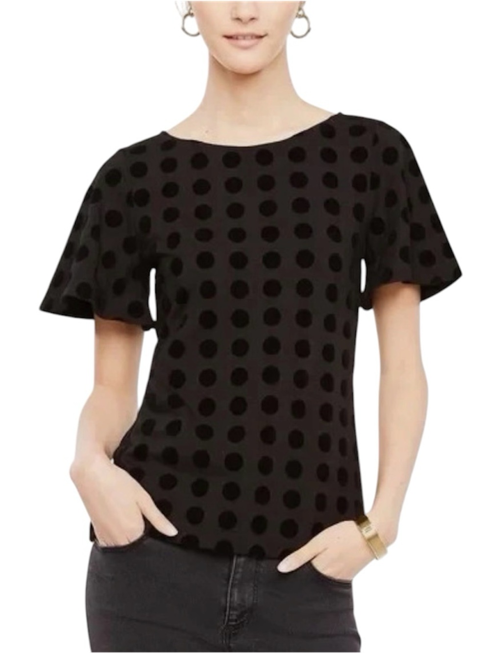 2 FOR $30 ANN TAYLOR Women’s Black Velvet Dot Flutter Sleeve Blouse Sz M